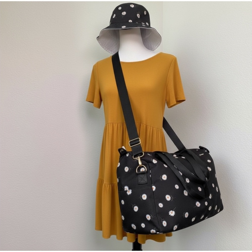 Alice + Olivia Black Daisy Print Weekender Travel Bag with Matching Bucket Hat